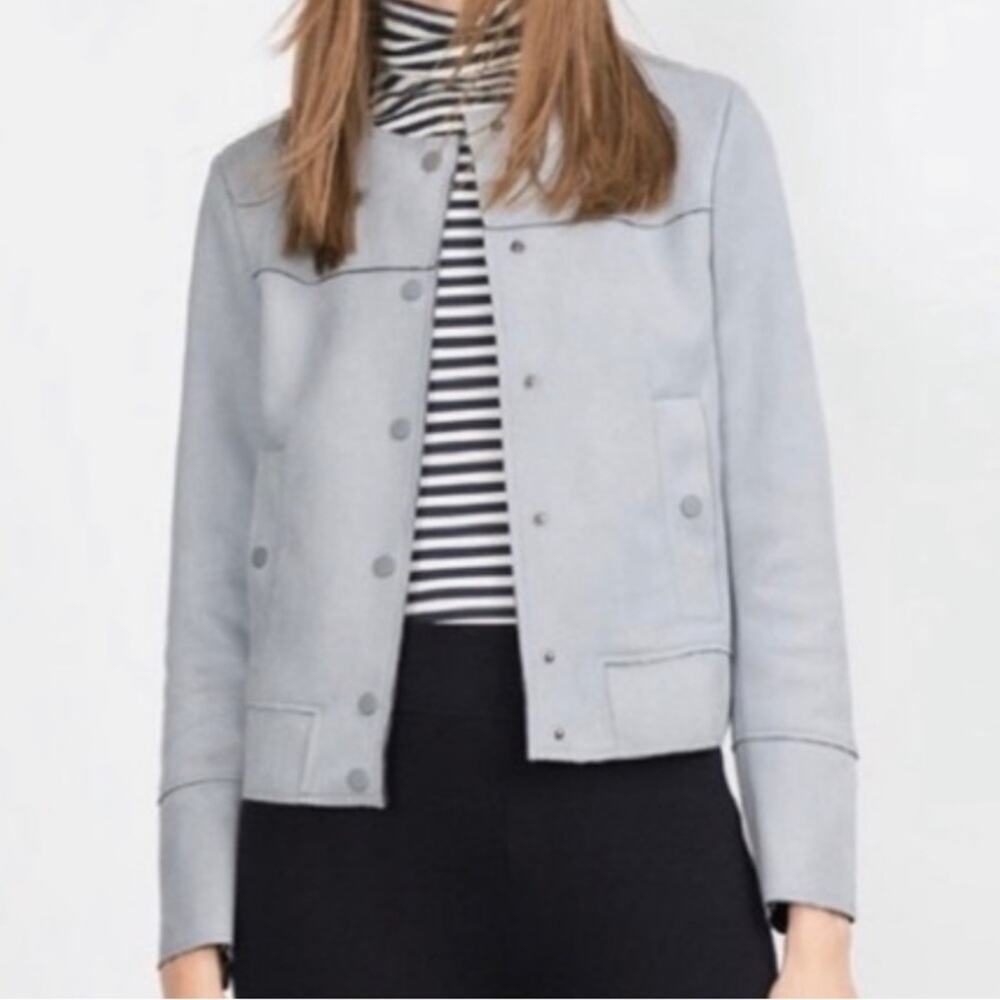 Zara Baby Blue Faux Suede Snap Front Jacket